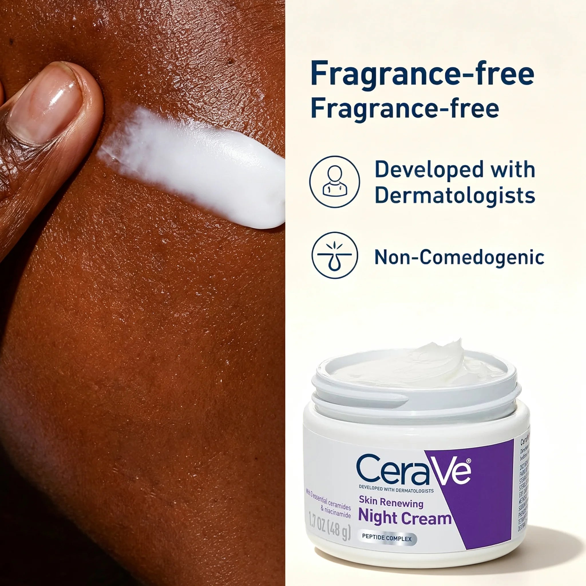 CeraVe Skin Renewing Night Cream, Peptide Complex, Hyaluronic Acid &