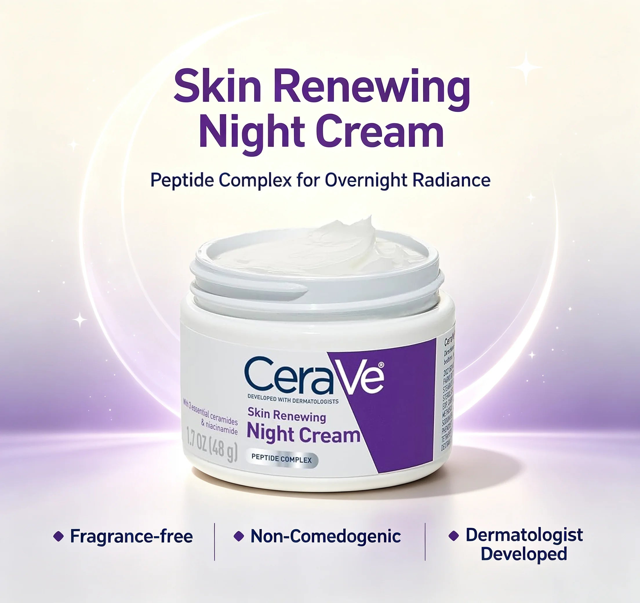 CeraVe Skin Renewing Night Cream, Peptide Complex, Hyaluronic Acid &