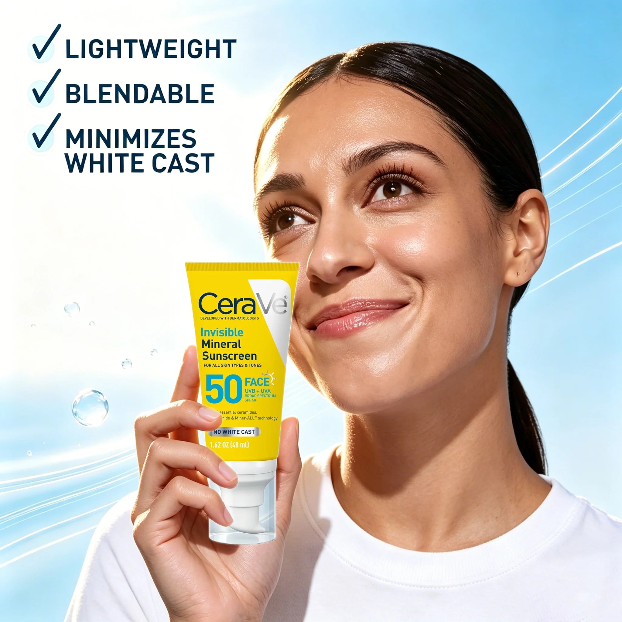 CeraVe Invisible Mineral Sunscreen SPF 50, Face for Sensitive Skin,