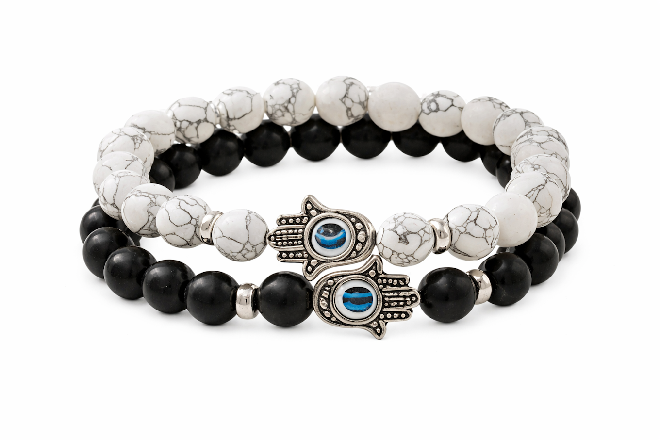 Black and White Marble Hamsa Bracelet Set
