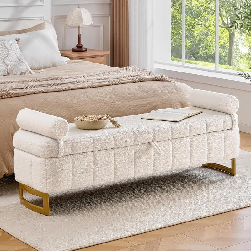 Boucle Ottoman Bench Storage Cream