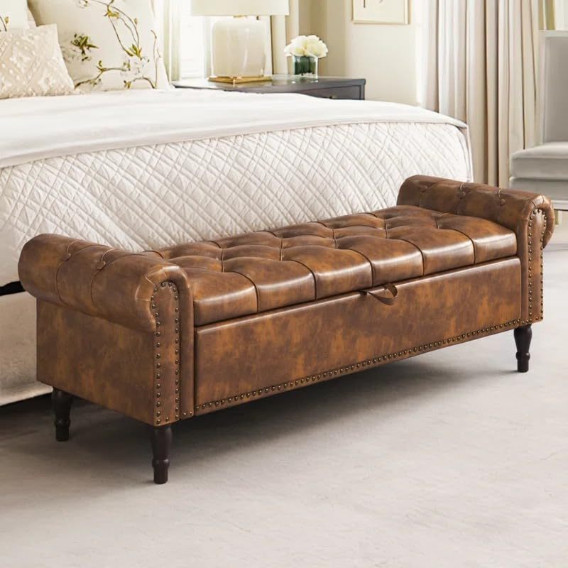 Leather Storage Ottoman Bench Brown