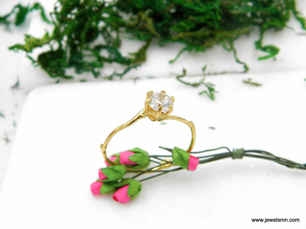 Minimal Solid Gold jasmine twig promise ring for woman. Engagement Gold Solitaire ring 18-14K-9k dainty branch Ethical Lab created Diamond